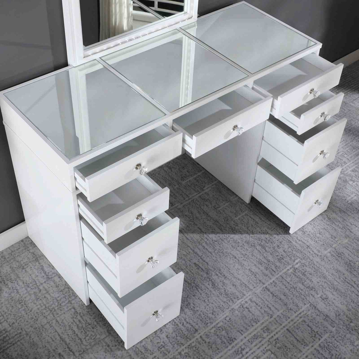 White Fabric Makeup Vanity with 5 Drawers & Stool