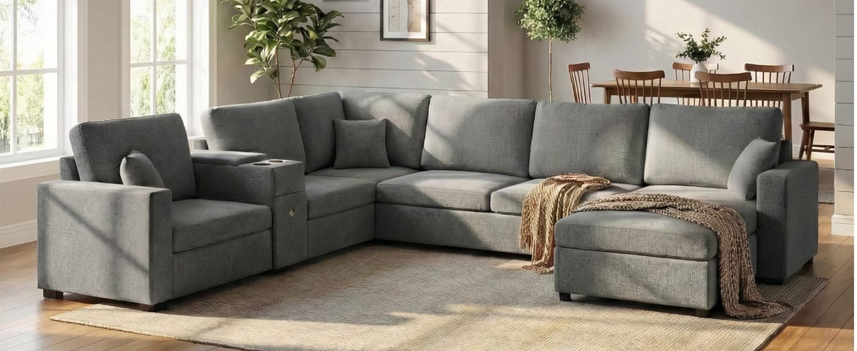 Grey 5 Seat Chenille Sectional Sofa - Primary Living Space