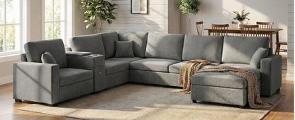 Grey 5 Seat Chenille Sectional Sofa - Primary Living Space