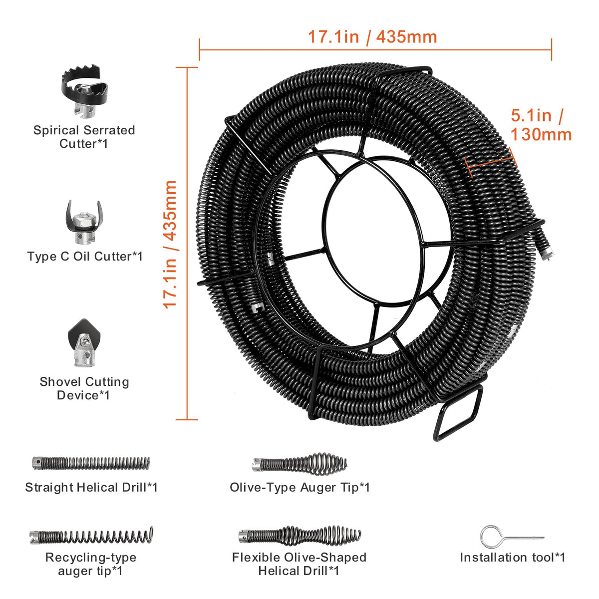 100FT Metal Drain Cleaning Cable with 7 Cutters for Sink and Toilet