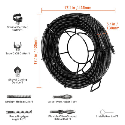 100FT Metal Drain Cleaning Cable with 7 Cutters for Sink and Toilet