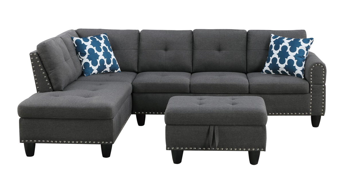 Dark Gray Linen Corner Sofa - 3 Seat with Storage