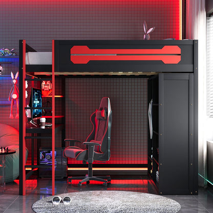 Full Red MDF Loft Bed with Desk - Gaming Bed Frame for Bedroom