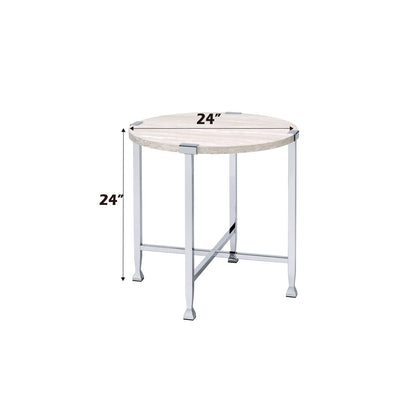 White Oak & Chrome Round End Table - 24 Inch for Living Room