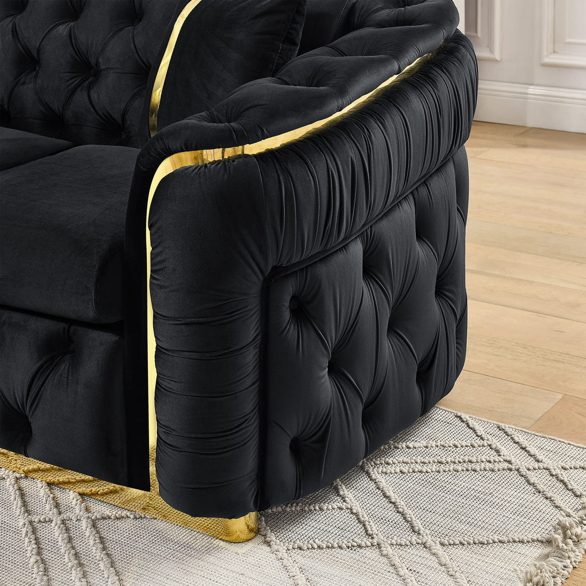 Living Room Velvet Chesterfield Sofa - 3 Seater, Black with Gold Stainless Steel