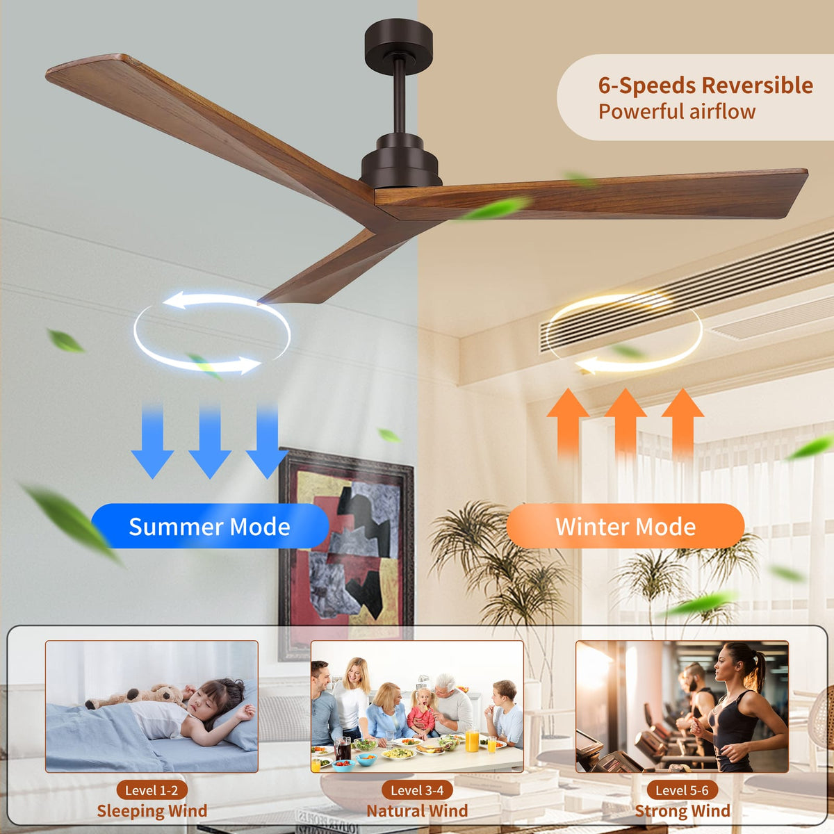 52" Wood Ceiling Fan NO Light - 3 Blades, Reversible DC Motor