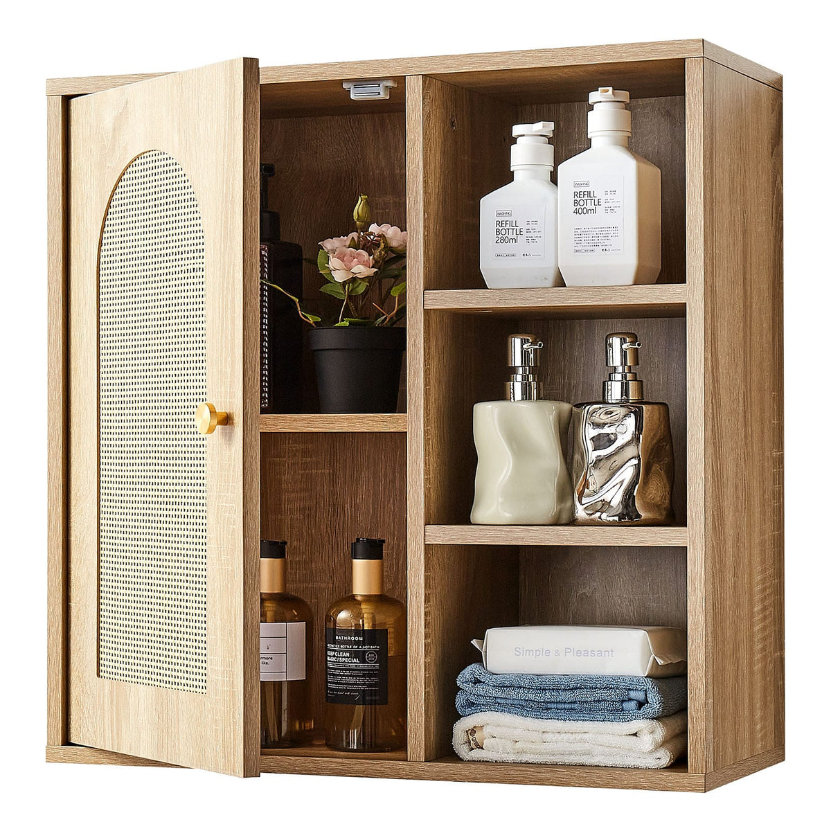 Wood Bathroom Wall Cabinet - Adjustable Shelves, Over Toilet Storage
