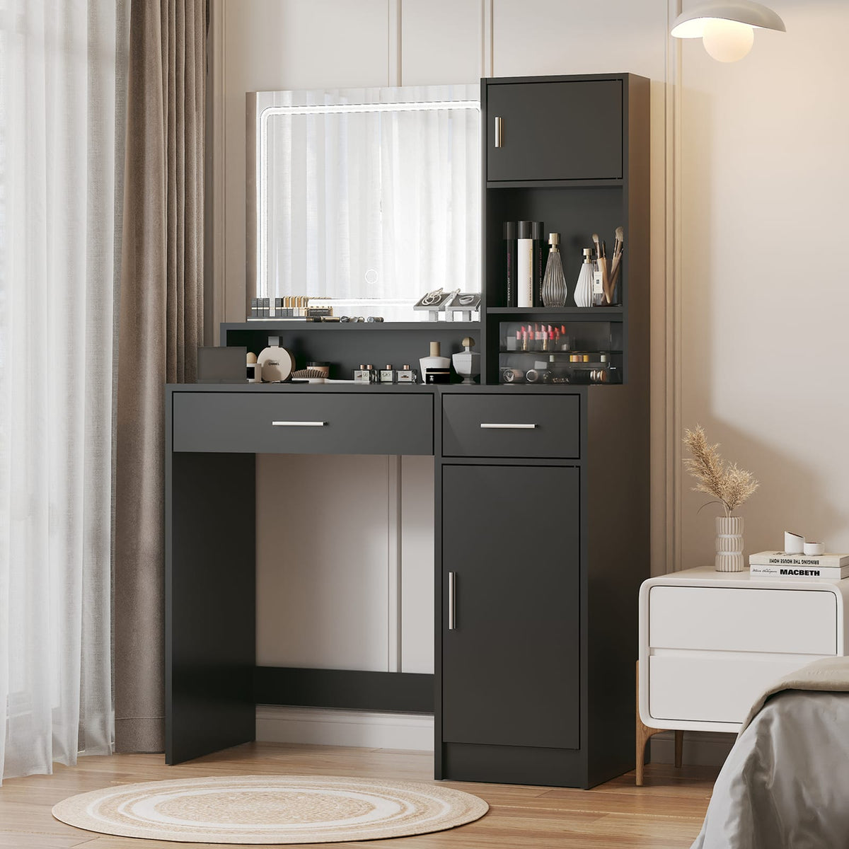 Black Makeup Vanity Table with Mirror & LED Light for Bedroom