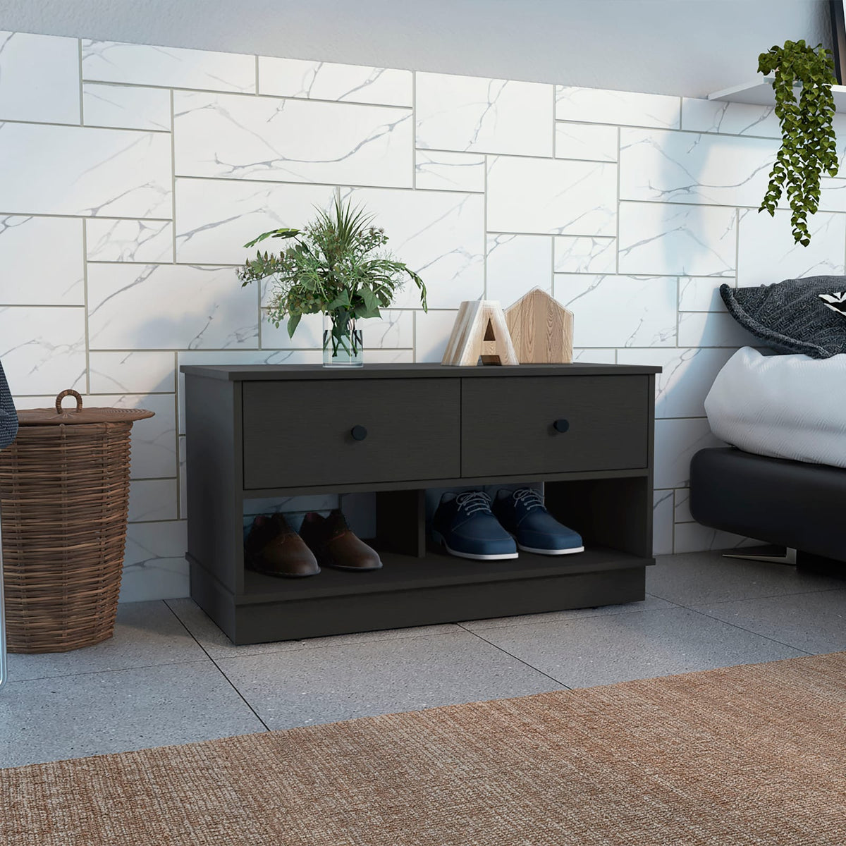 Black Modern Storage Bench with Shelves & Drawers