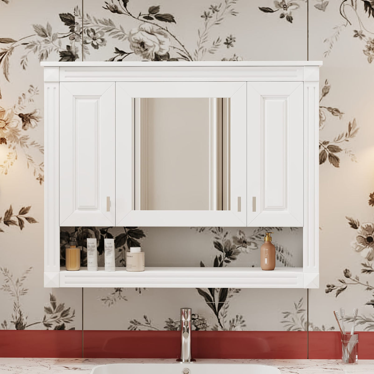 White Bathroom Storage Cabinet with Mirror - 35" Wall Mounted