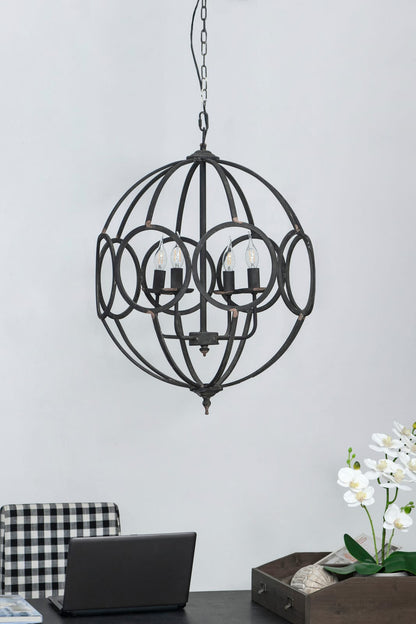4-Light Metal Chandelier - Black Iron, Adjustable Chain
