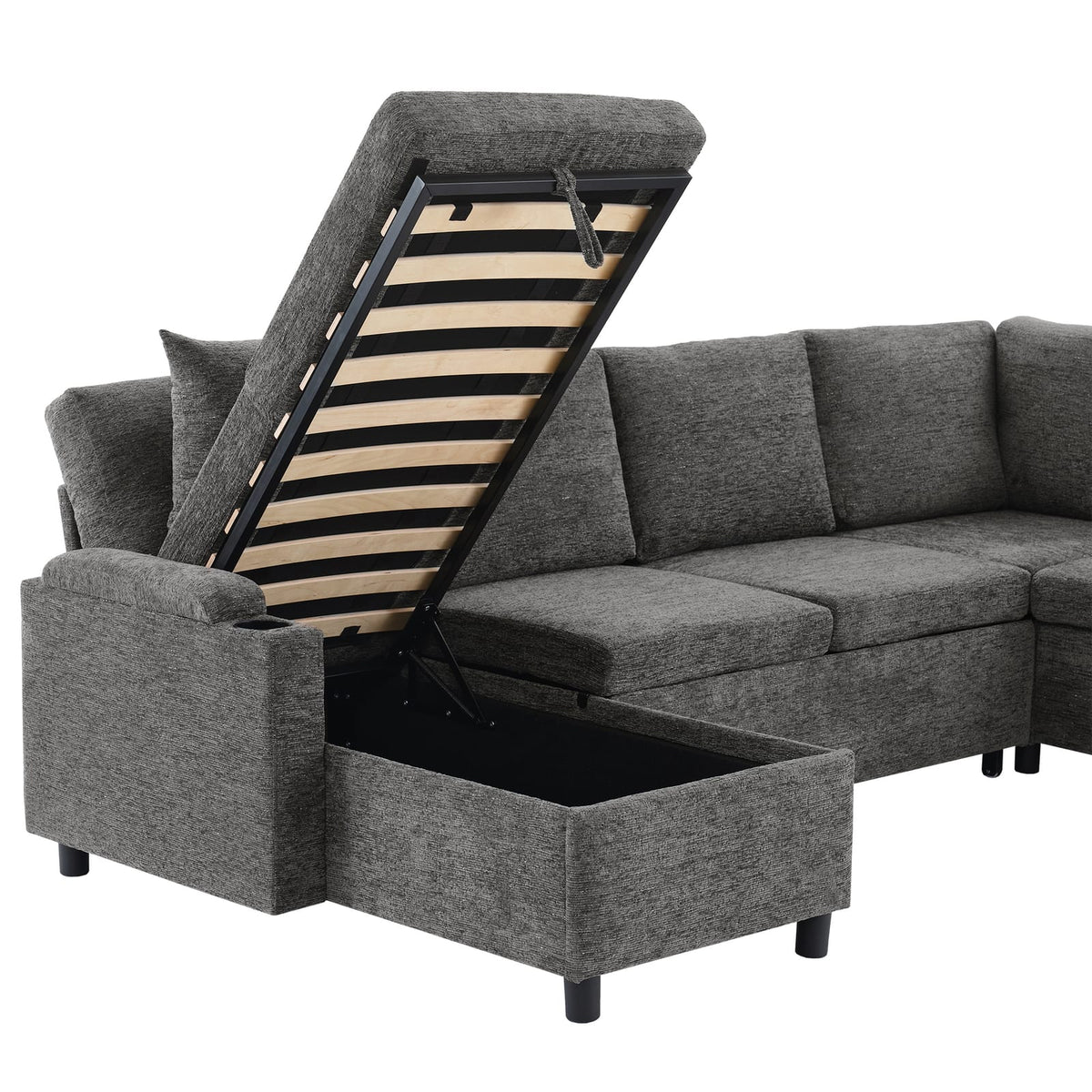 109.9" Grey Chenille U-Shaped Sofa Bed with Storage for Living Room