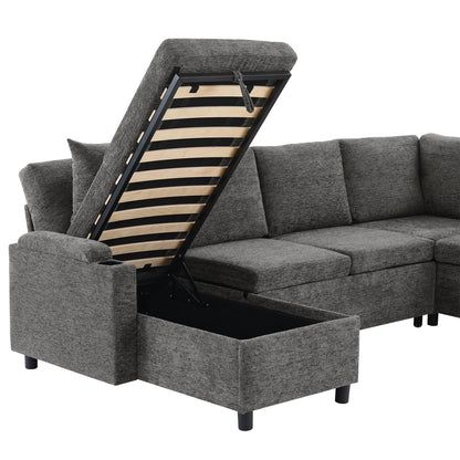 109.9" Grey Chenille U-Shaped Sofa Bed with Storage for Living Room