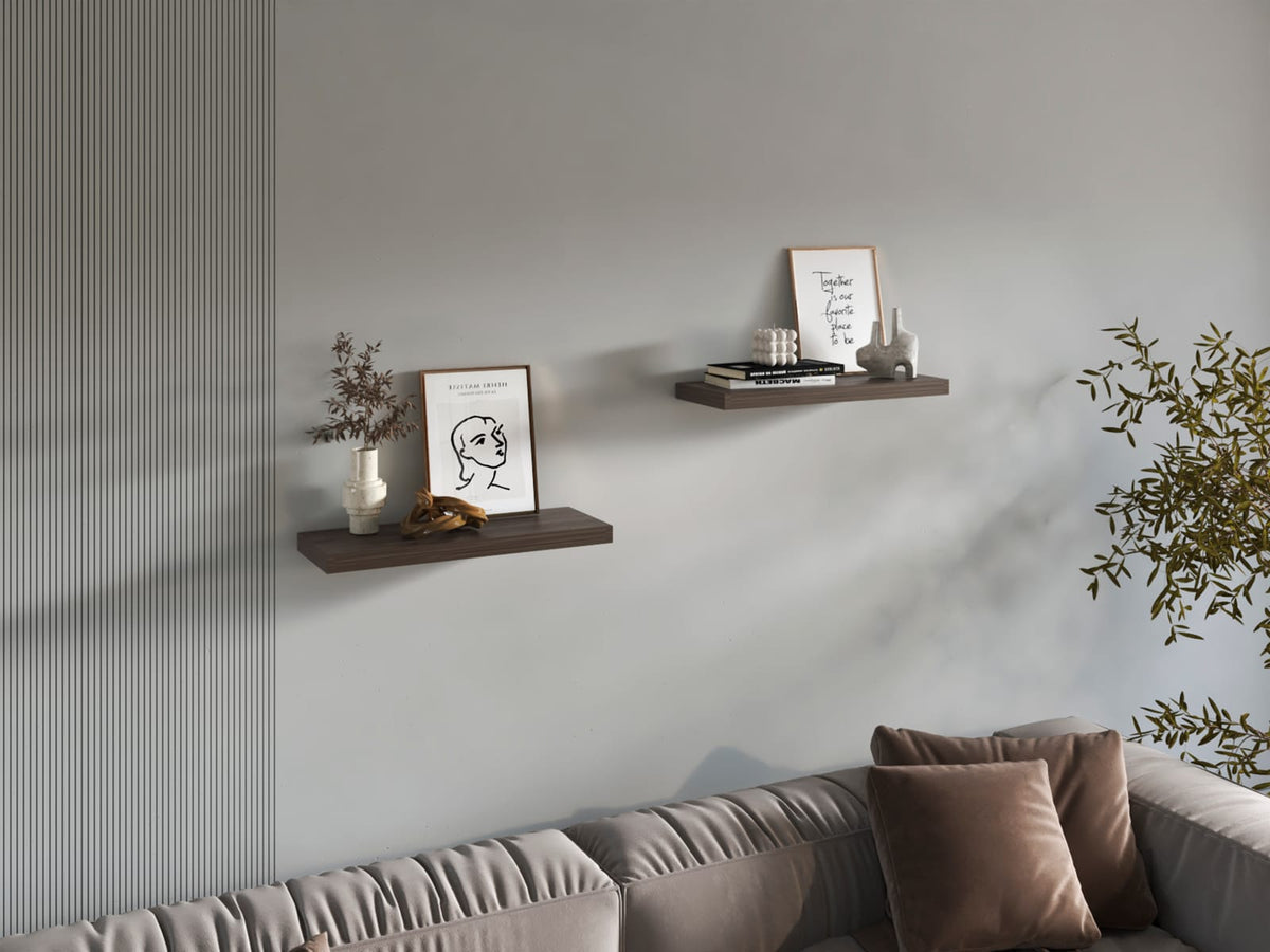 Brown Floating Wood Shelves with Two Spaces for Display and Storage for Living Room