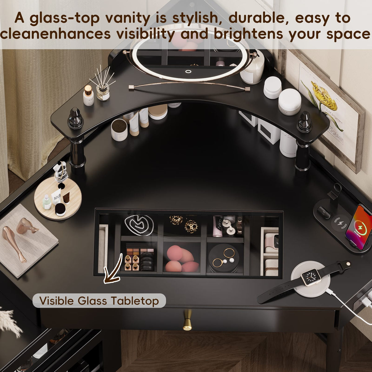 Black Corner Vanity Desk Set - Storage & Charging Station