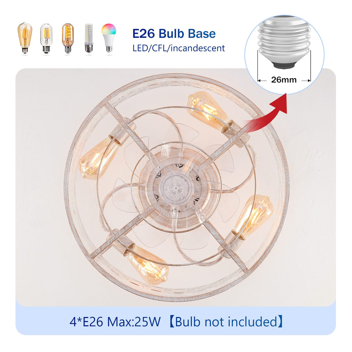 Retro White Ceiling Fan with Lights - 20 Inch Farmhouse Style