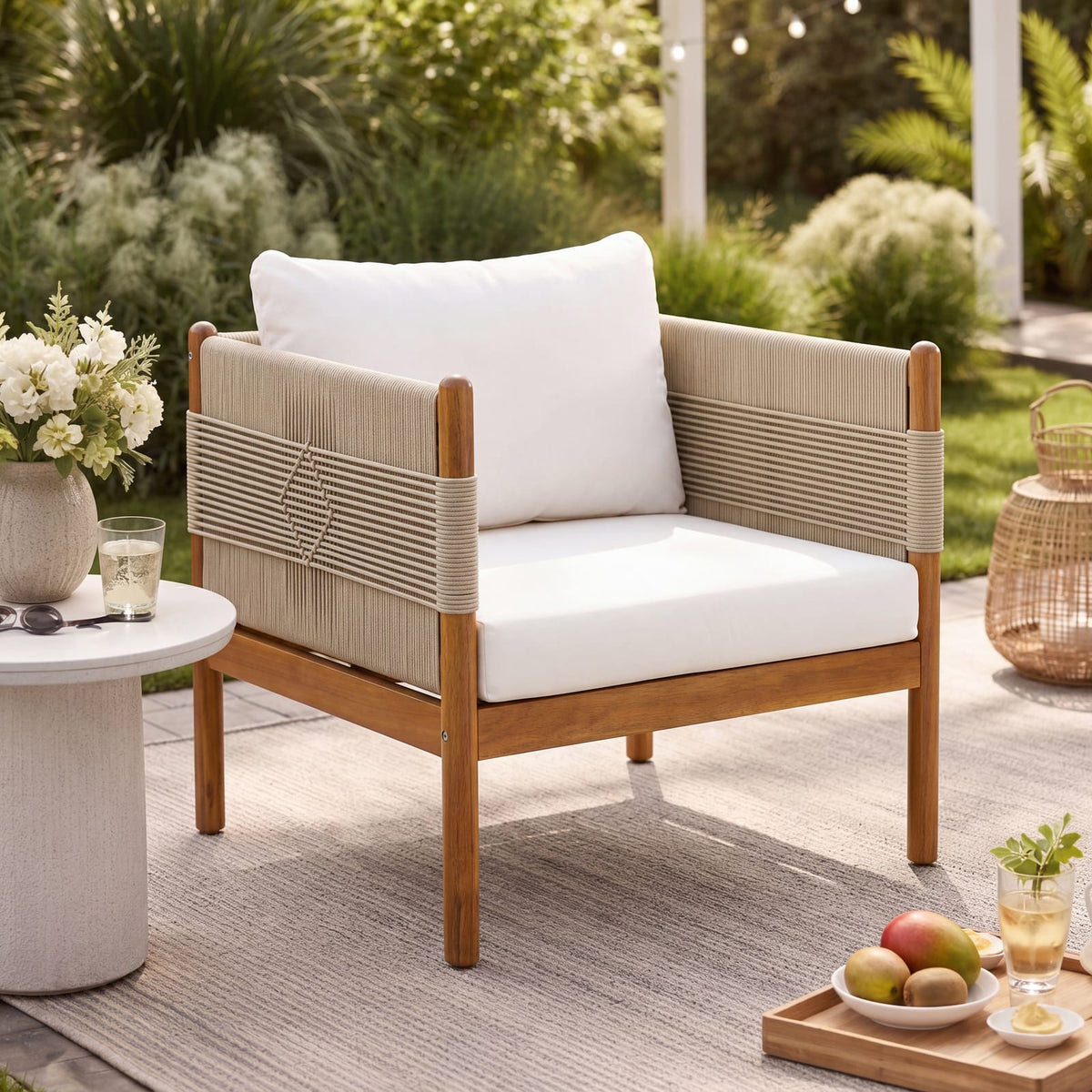 Beige Cream Teak Acacia Wood Club Chair with Cushions - Patio Seating