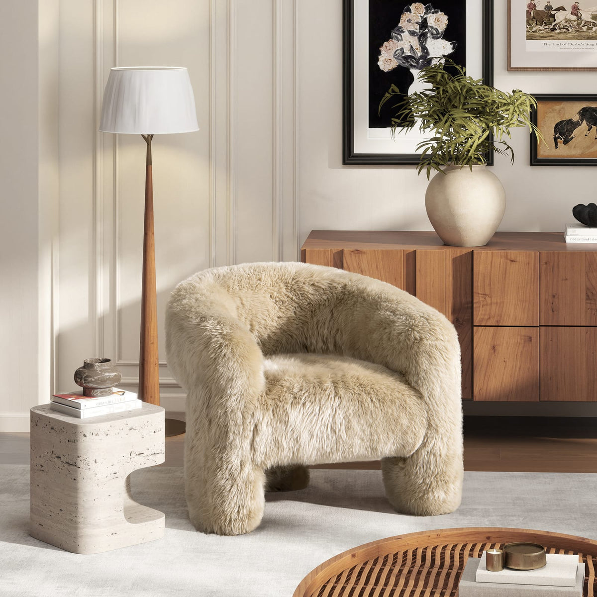 Avalon Sheepskin Accent Chair - Natural Blonde Fur, 35" for Living Room