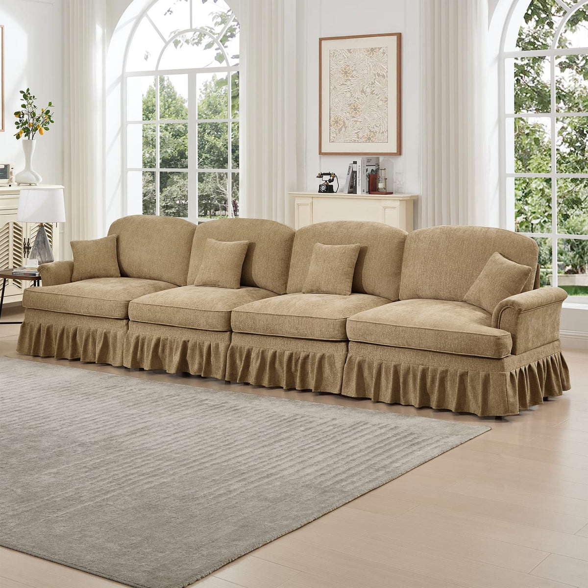 Light Coffee Chenille 4 Seat Sofa - Removable Ruffles for Living Room