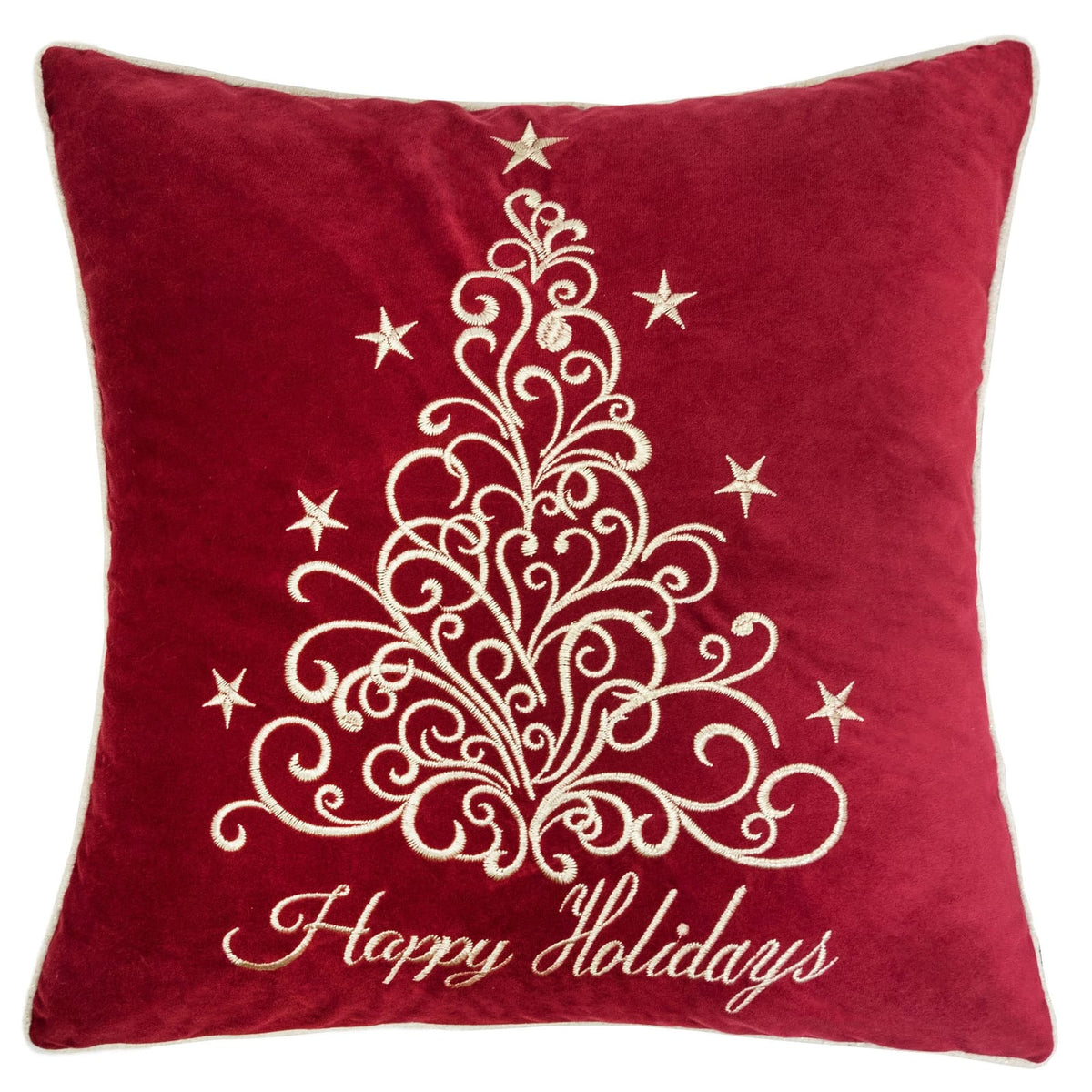Happy Holidays Embroidered Velvet Throw Pillow 20x20" Red Christmas Accent
