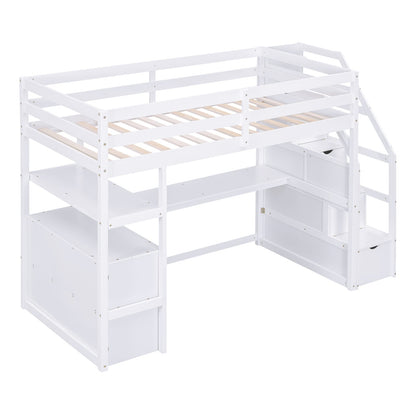 Twin Size Loft Bed with Desk - Storage & Staircase, White