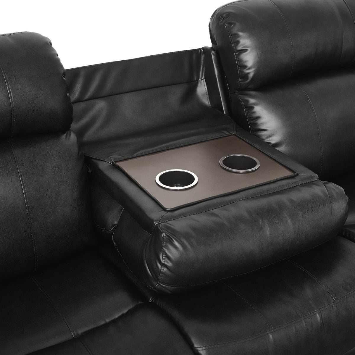 Contemporary Black Faux Leather Sofa - 1pc Double Reclining with Cup Holder