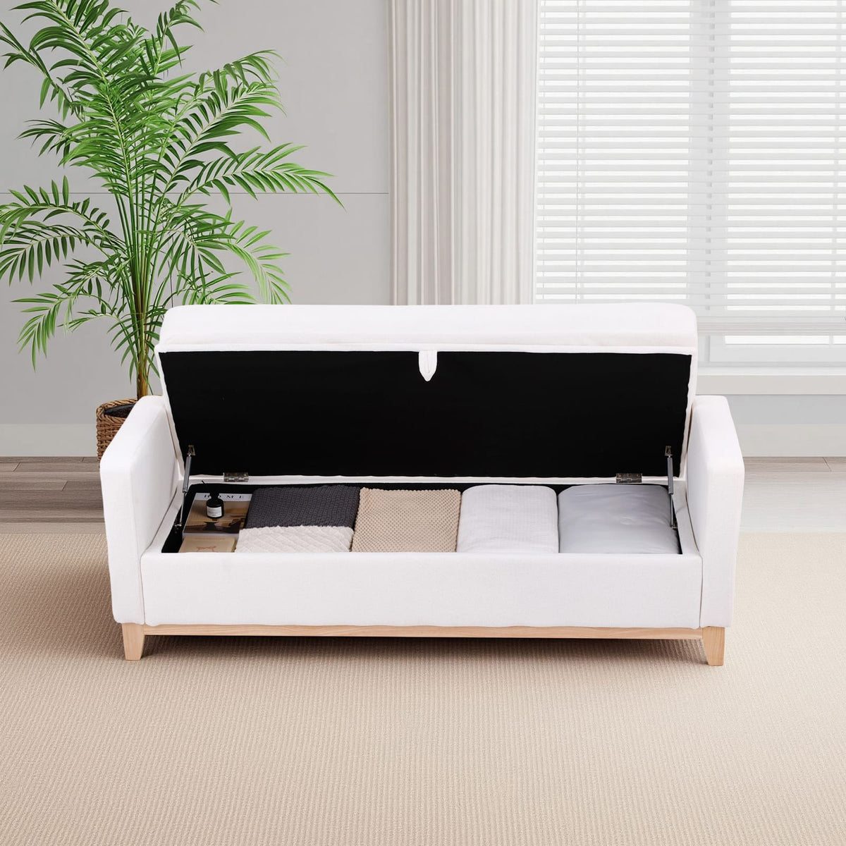 Living Room 66" Beige Sherpa Storage Bench with Bolster Pillows - Bedroom End Bench