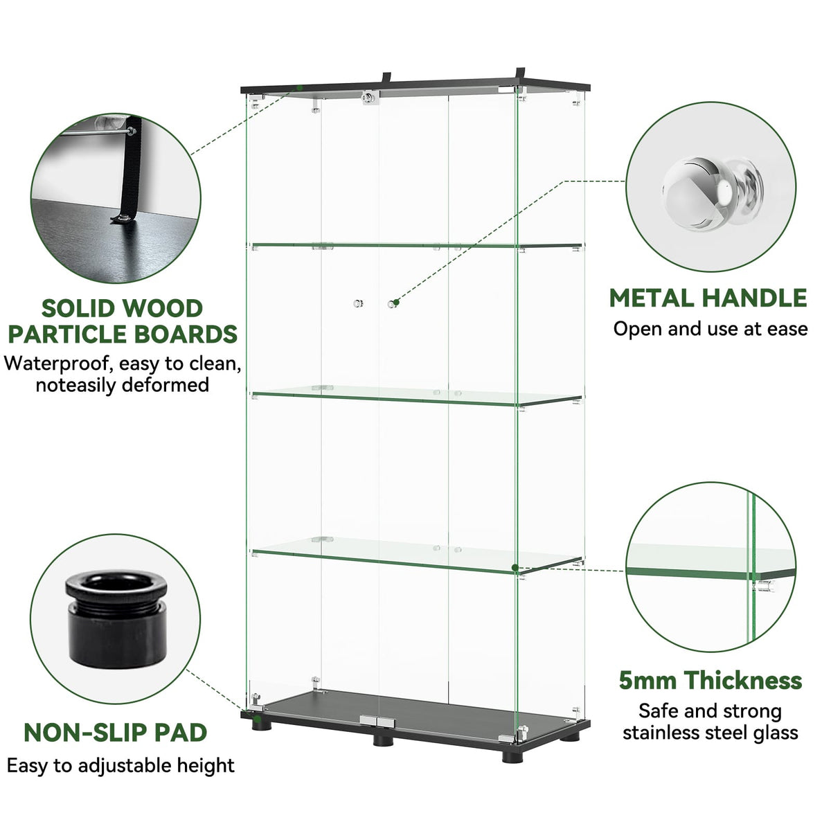 Glass Display Cabinet - 4 Shelves, Black MDF & Glass, 64" Tall