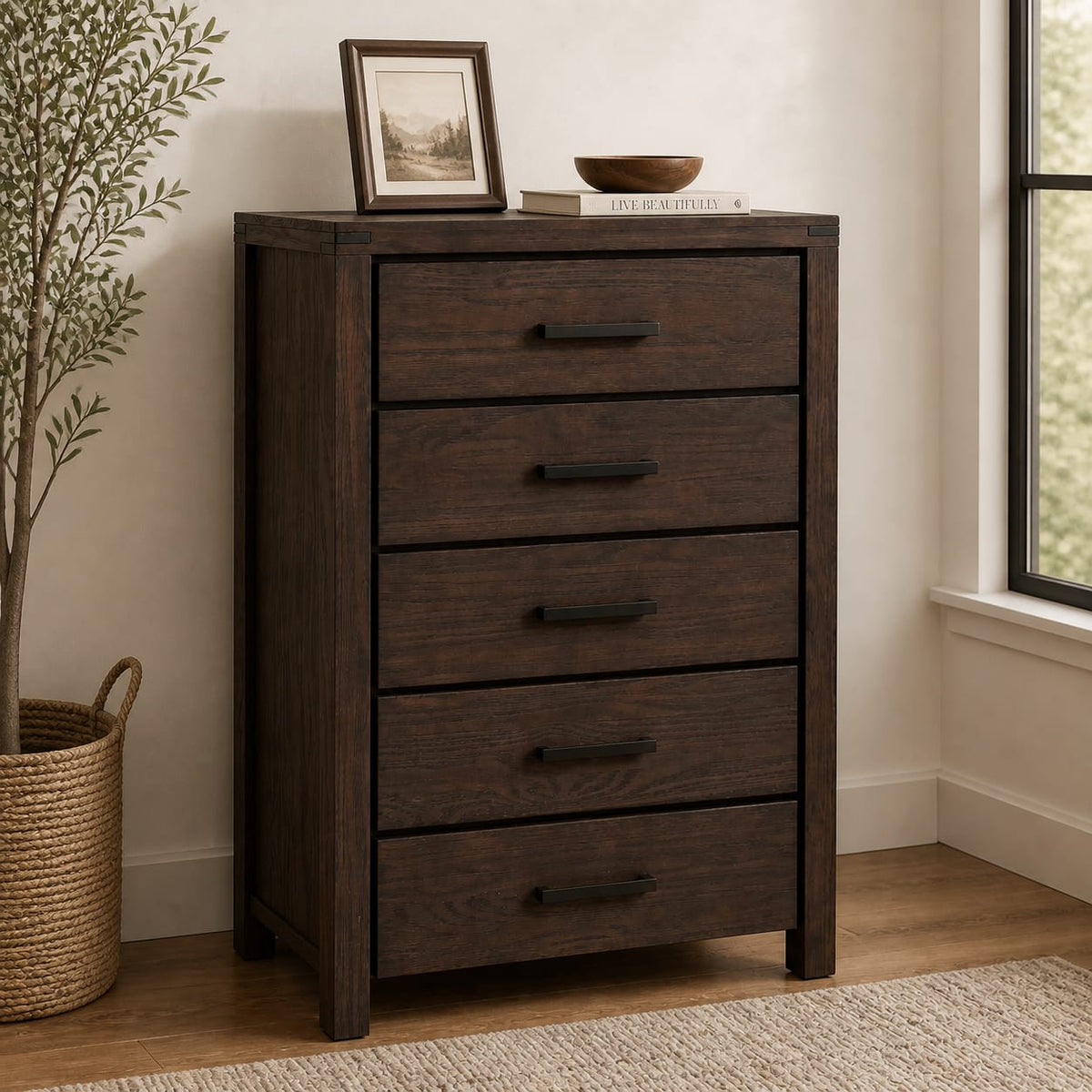 Dark Brown Pine 5-Drawer Chest - Bedroom Storage
