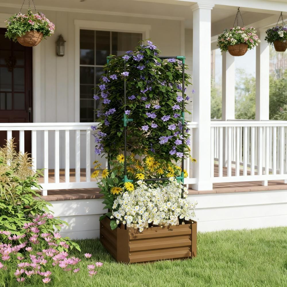Brown Steel Raised Garden Bed with Tomato Trellis for Vegetable Gardening