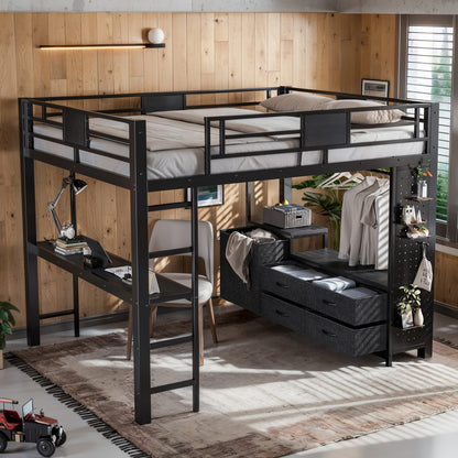 Queen Size Loft Bed with Desk - Black MDF Metal Frame for Bedroom