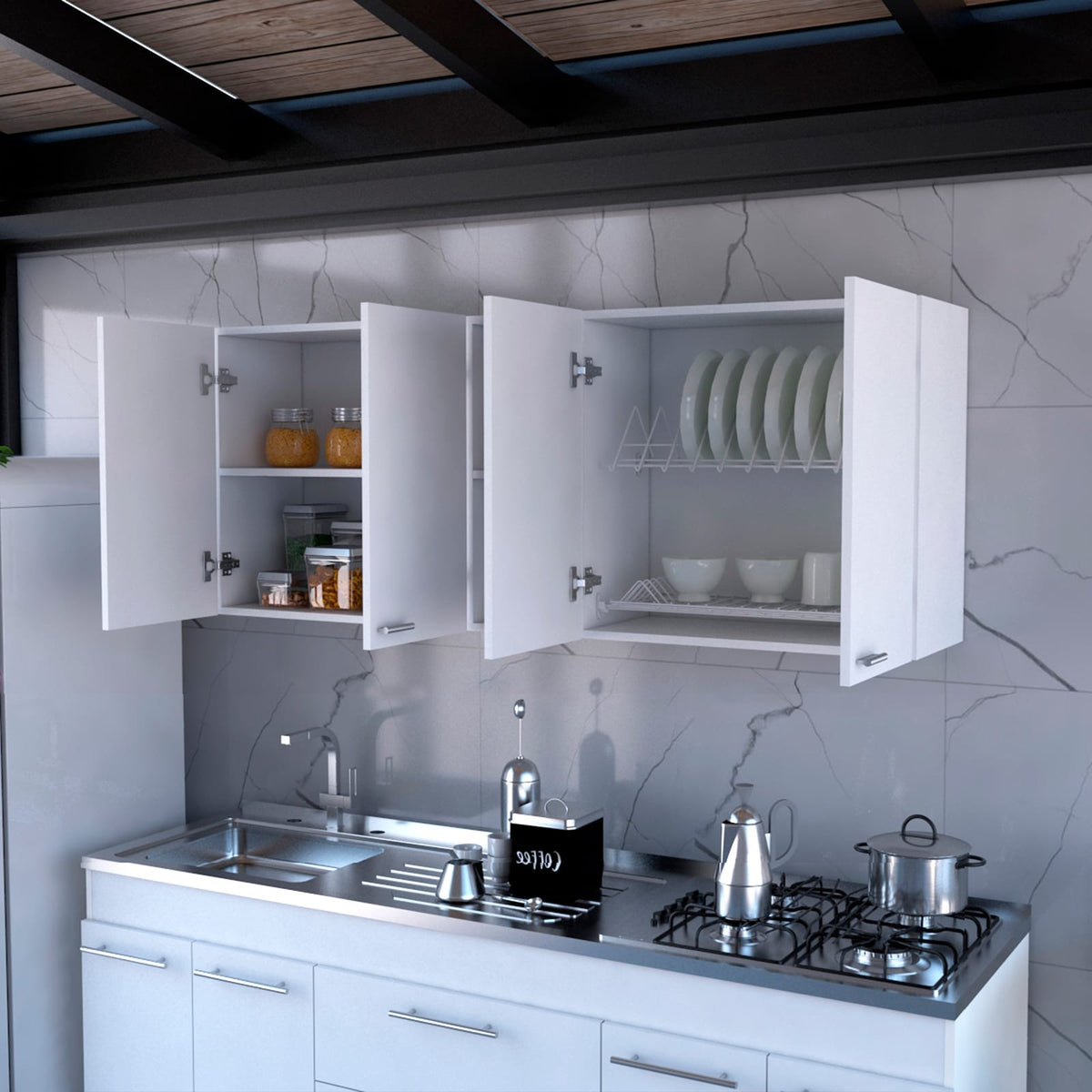 Modern White Kitchen Cabinet with Storage and Dish Rack