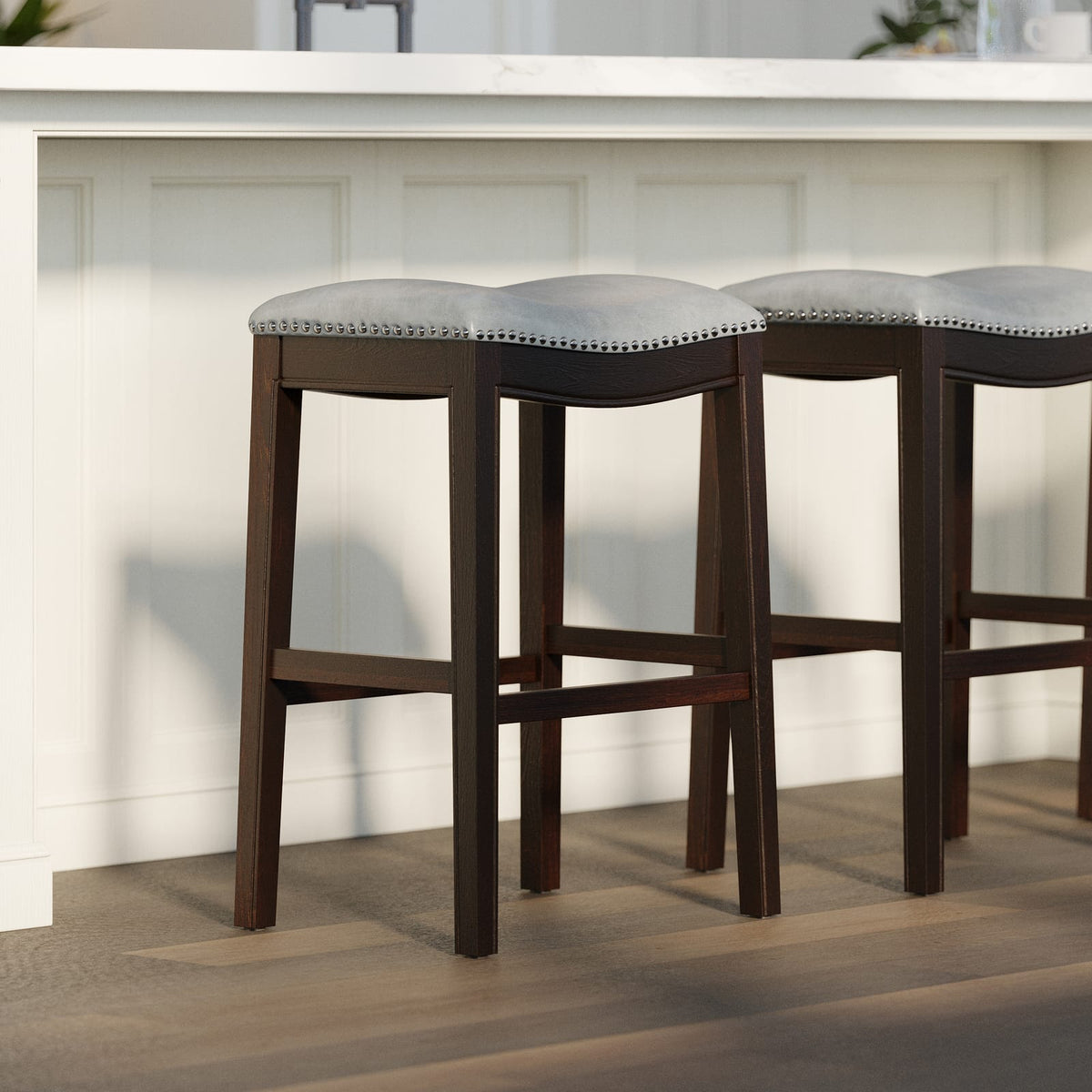 31 Inch Gray Barstool - PU Leather Seat, Solid Wood Frame