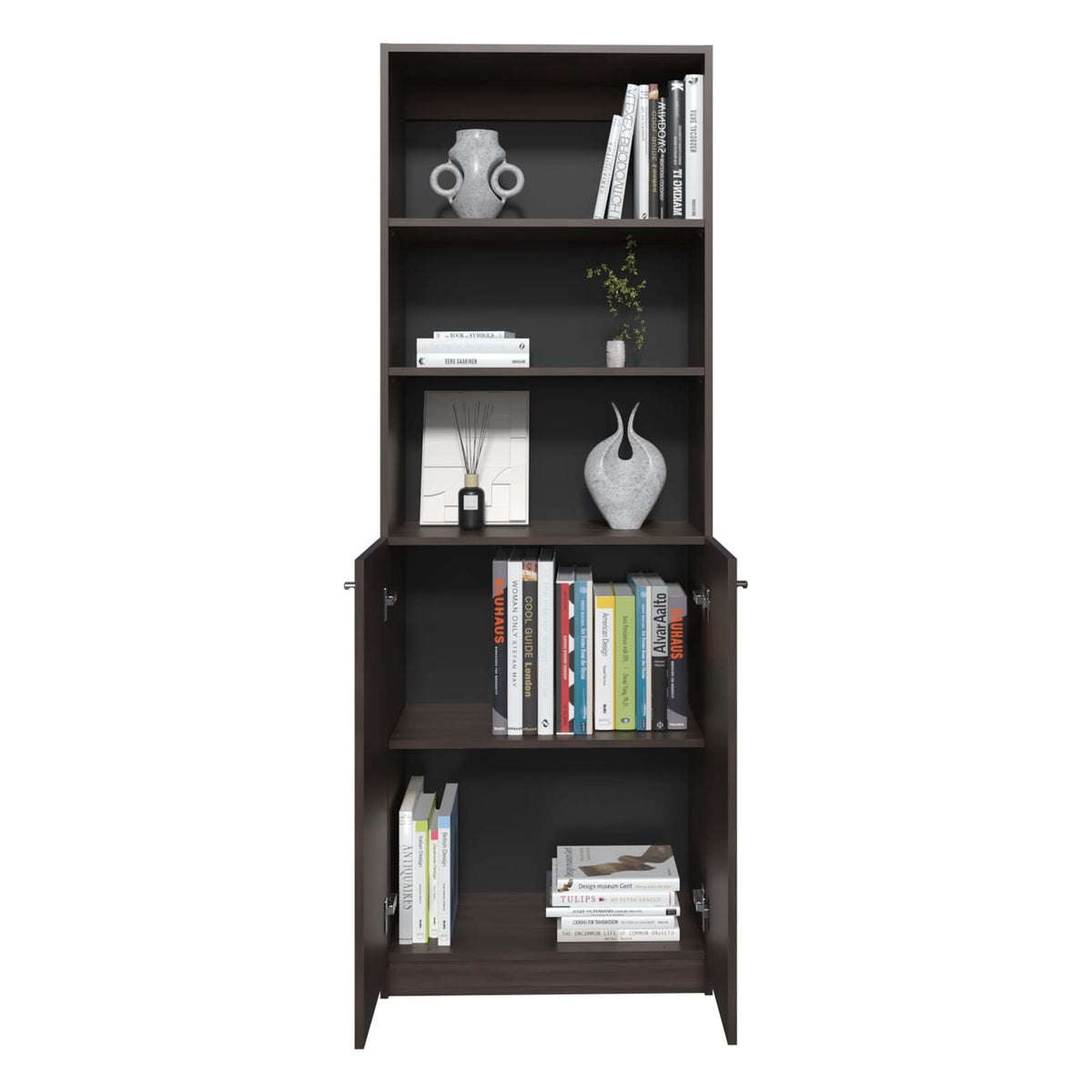 Walnut Bookcase - 2 Door Storage Shelves for Living Room