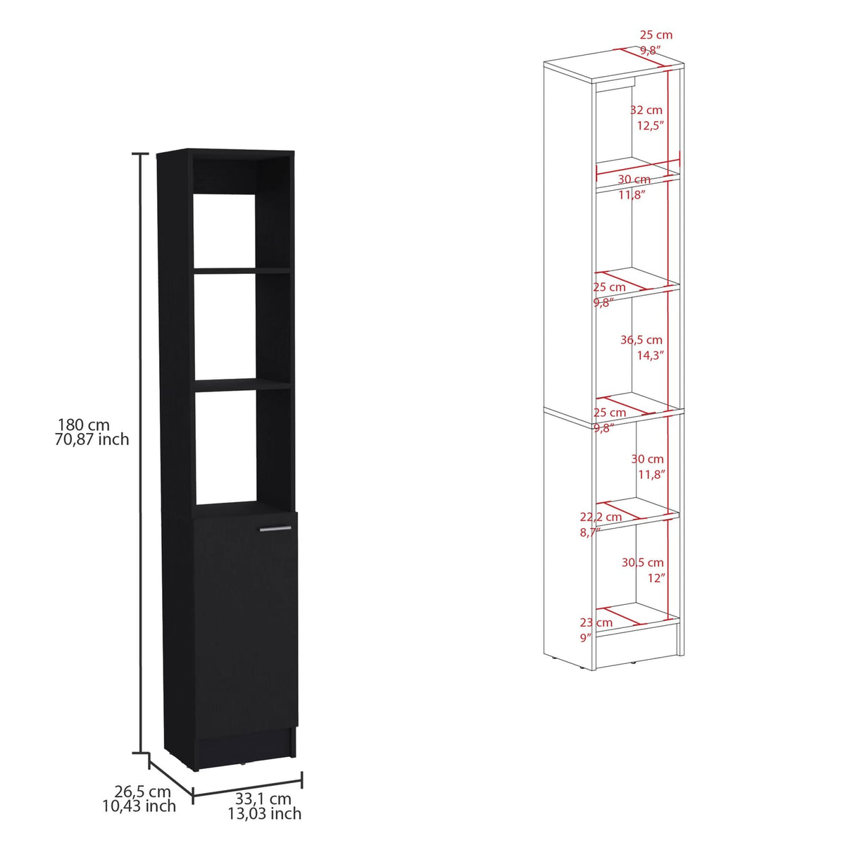 Black Bathroom Storage Cabinet - 6 Shelves Freestanding