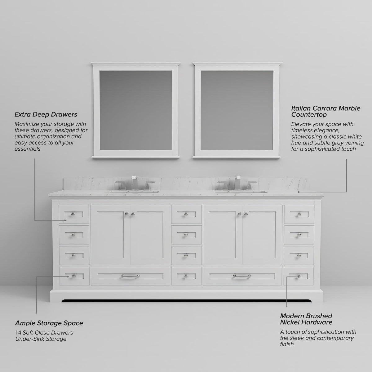 White Double Bathroom Vanity with Mirrors - 84" Wide