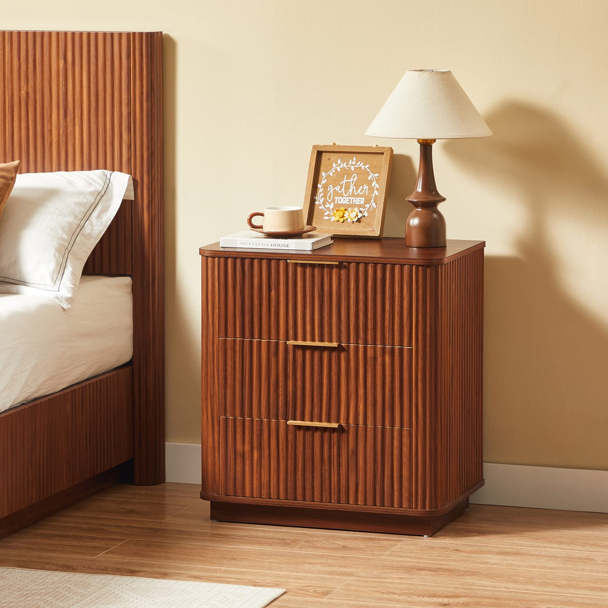 3-Drawer Walnut MDF Nightstand - 23.6" Wide Bedroom Storage