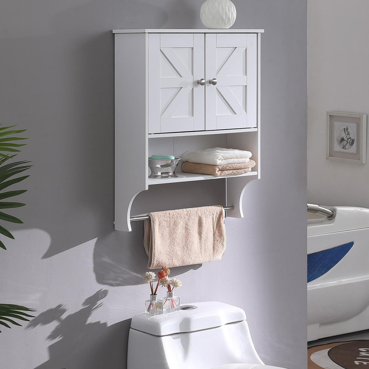 White Farmhouse Over-the-Toilet Storage Cabinet - Bathroom Utility