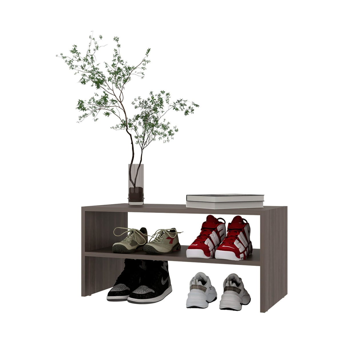 Walnut 2 Shelf Shoe Rack - Modern Display Shelving for Living Room