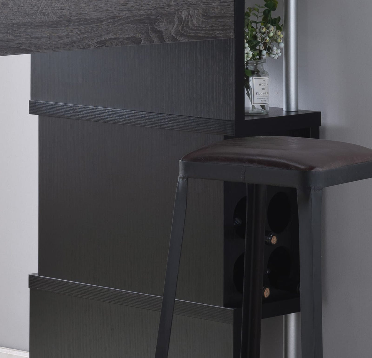 Home Bar Table - Grey Particle Board, 3 Shelves, Wine Glass Storage