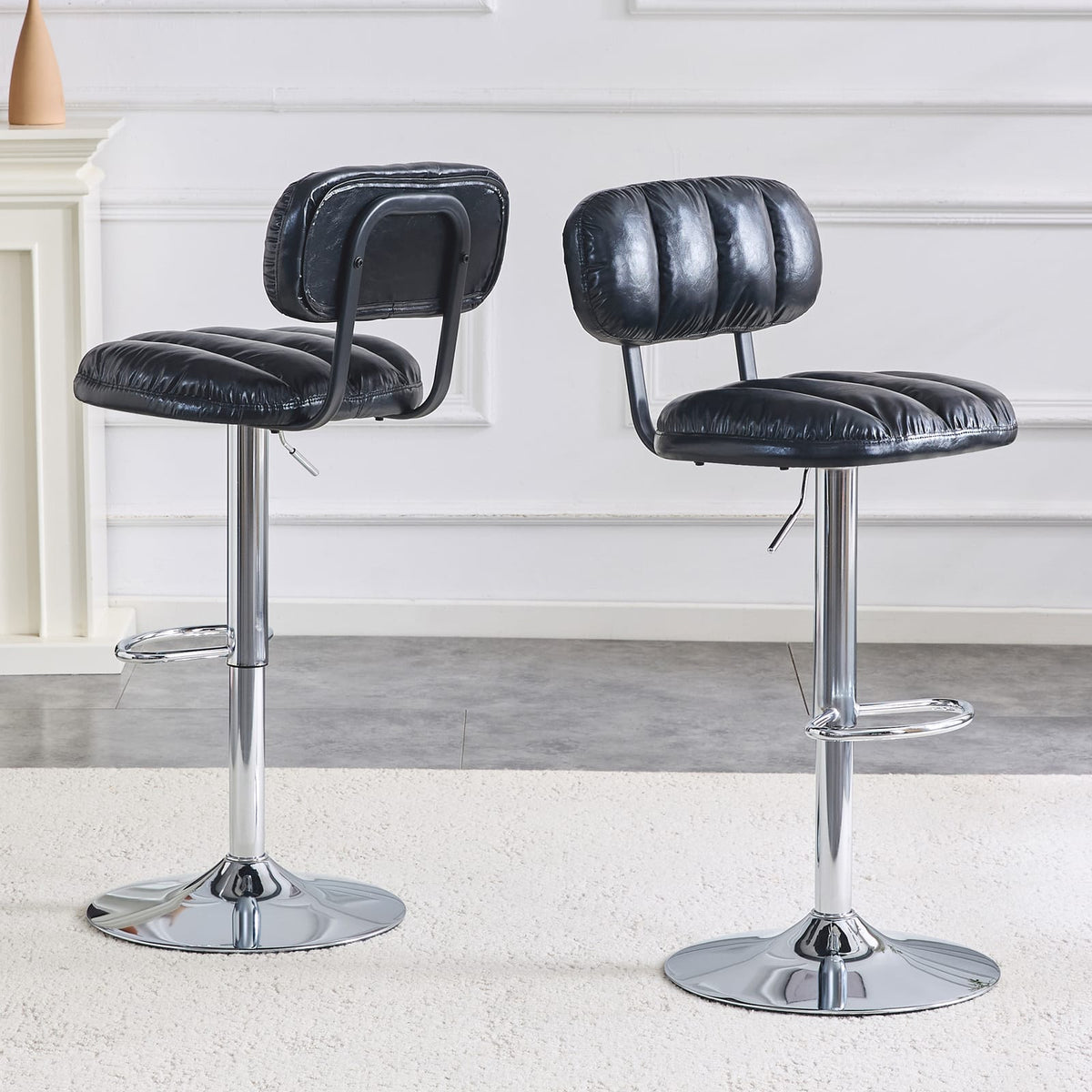 2-Pack Adjustable Bar Stools in Black PU Leather for Kitchen Island