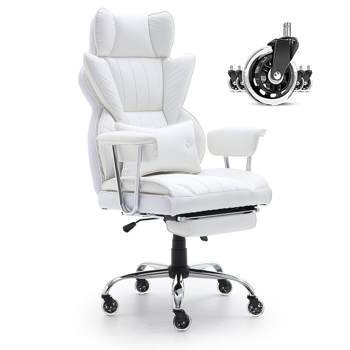 White Reclining Office Chair with Footrest - Ergonomic Support