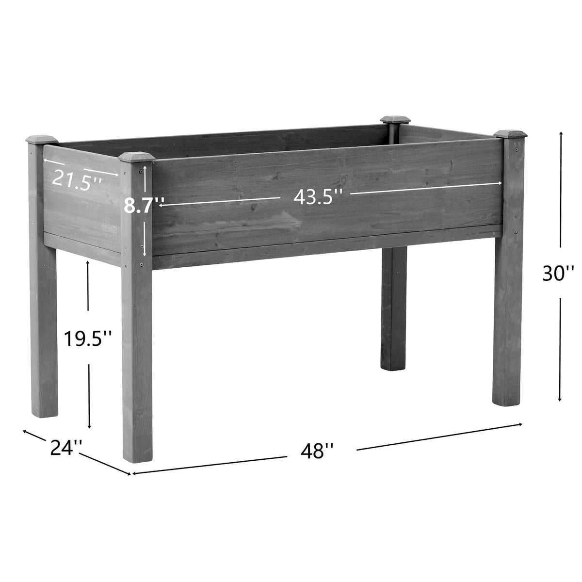 48x24 Raised Garden Bed - Grey Solid Wood Planter Box