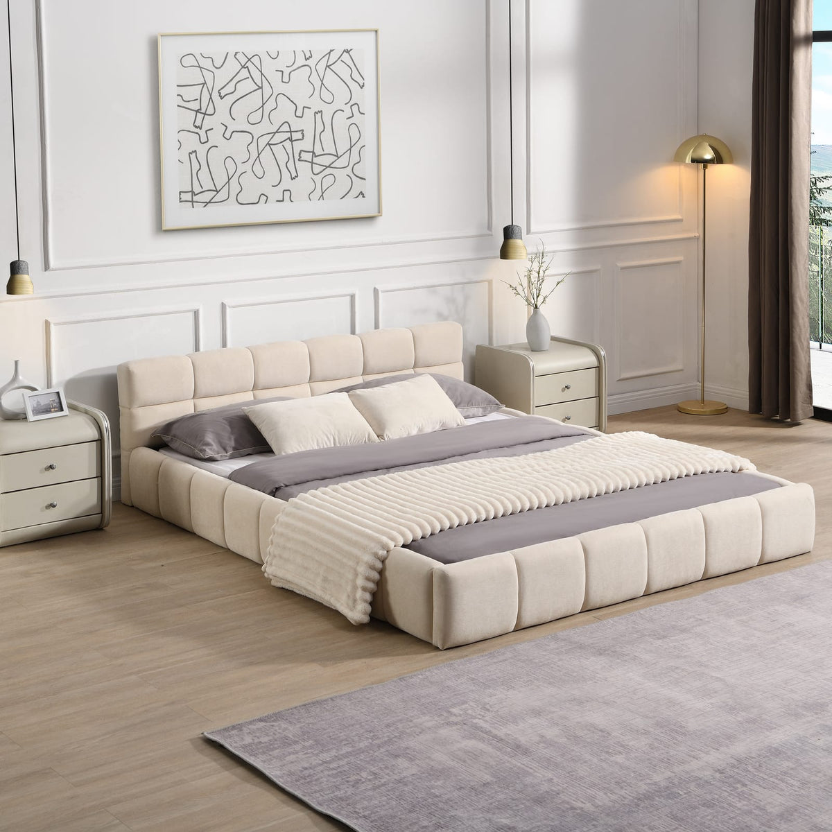 Beige Chenille Upholstered Queen Bed Frame with Checkerboard Design for Bedroom