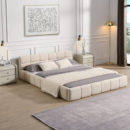 Beige Chenille Upholstered Queen Bed Frame with Checkerboard Design for Bedroom