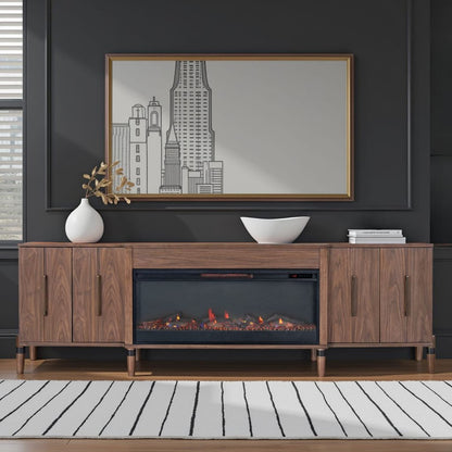 94 Inch Walnut TV Stand - Fireplace Media Console