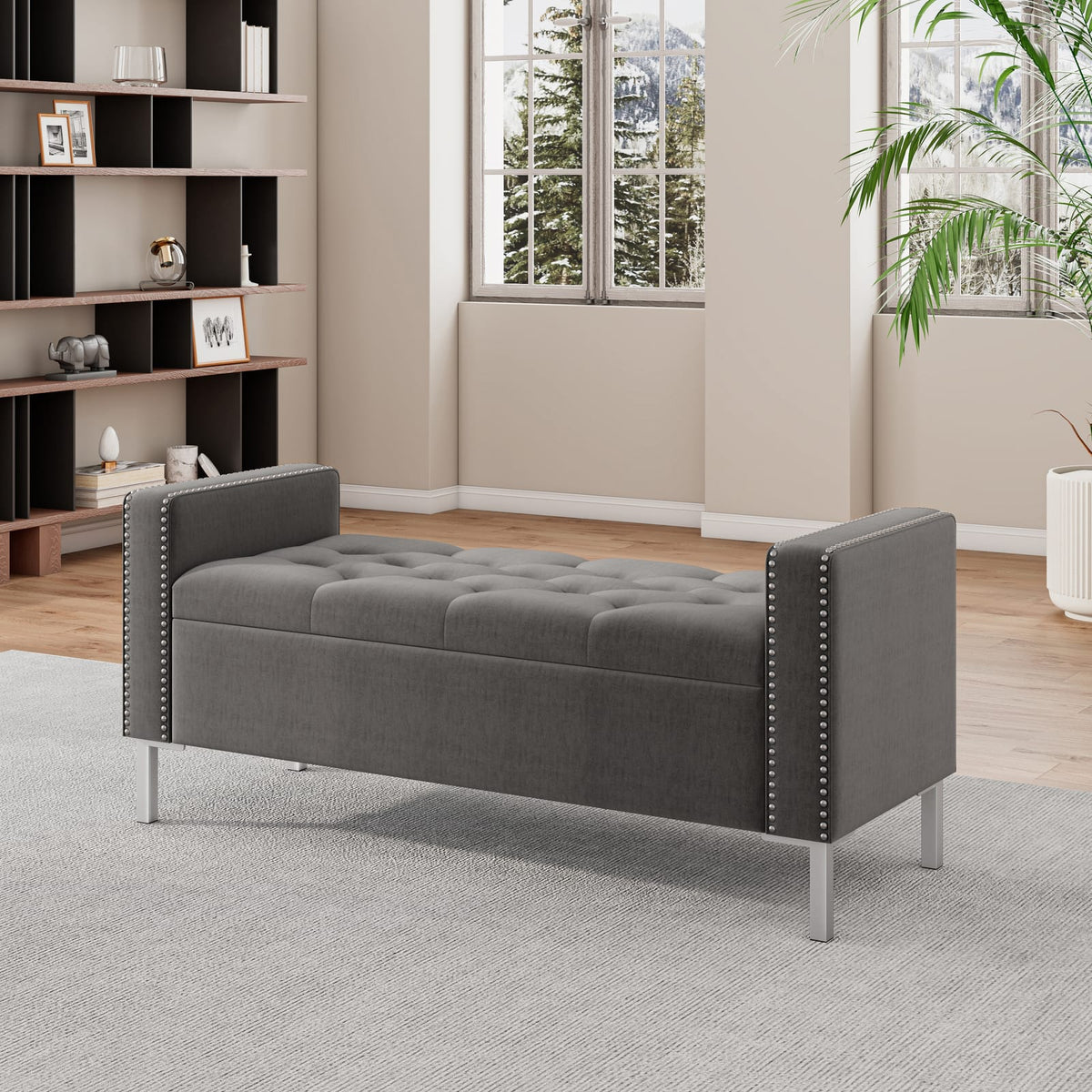 Charcoal Gray Storage Bench - Tufted Seat, Pewter Trim for Living Room