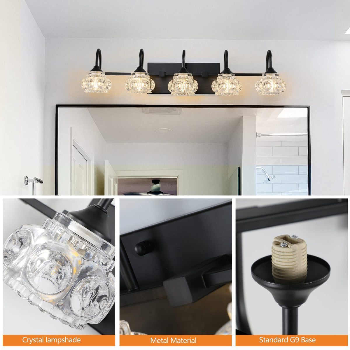 29" Retro 5-Light Bathroom Vanity Light Fixture - Black Finish with Crystal Glass