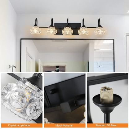29" Retro 5-Light Bathroom Vanity Light Fixture - Black Finish with Crystal Glass