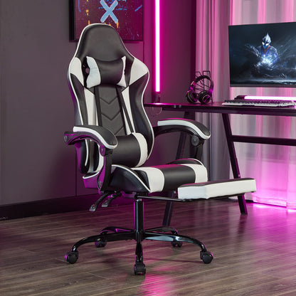 Ergonomic Leather Gaming Chair with Footrest - Black White